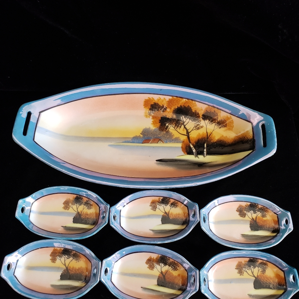 #Vintage Handpainted Japan Porcelain 7 pieces Set Celery Tray Nut Dishes